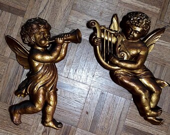 Vintage 1960's SyrocoWall Plaques: Bronze Cherub Angels s, Mid-Century Decor, #4775A, #4775B, Hawaiian Fruit Basket #5161