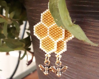 Large Honeycomb Earrings with Bee