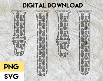May include: Four black and white digital watch band designs with a pineapple pattern. The designs are for Apple Watch bands. The text "DIGITAL DOWNLOAD" is at the top of the image. The text "PNG SVG" is at the bottom of the image.