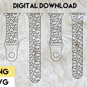 May include: Four black and white digital watch band designs with a heart pattern. The designs are for Apple Watch bands. The text "DIGITAL DOWNLOAD" is at the top of the image. The text "PNG SVG" is at the bottom of the image.