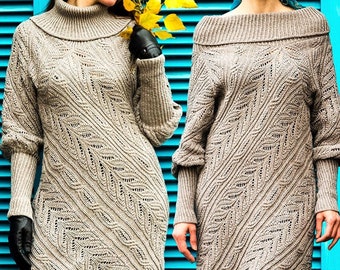 Sweater dress PATTERN written in English +chart sizes M-4XL, V-neck or turtleneck sweater dress knitting pattern, PDF dress knitting pattern