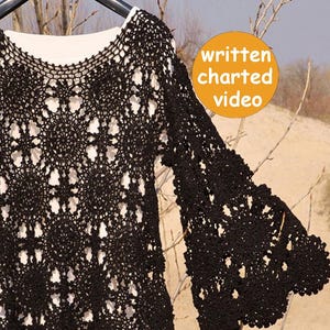 CROCHET PATTERN + VIDEO trendy crochet top pattern written in English+chart+photo+video bell sleeve crochet sweater pattern festival top Pdf
