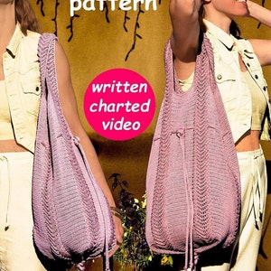 Modern crochet Bag pattern written in English + chart+video, adjustable width & length, oval or round bottom, for thread size 30 held triple