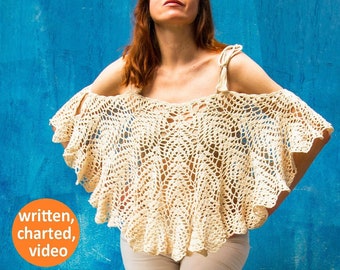 Crochet poncho PATTERN written in English +chart +video, Beach crochet top pattern, Beach crochet cover up pattern, boho crochet top pattern