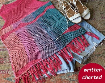 CROCHET PATTERN + VIDEO Modern crochet top pattern written in English+chart+ video, S-4XL Asymmetrical top crochet pattern for gradient yarn