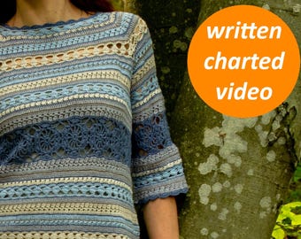 Crochet sweater PATTERN written in English +chart +video, XS-4XL,  seamless top crochet pattern, colorful crochet sweater for yarn leftovers