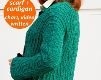Crochet CARDIGAN pattern S-4XL/ "ArtDECO" crochet VEST pattern  / crochet SCARF pattern written in English+chart+photo+video Modern Crochet