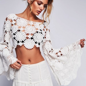 No YARN Breaking Bell Sleeve Top Crochet PATTERN Written in English charts Phototutorial Angel Sleeve Crochet Sweater Pattern Free People Etsy