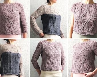 2 PATTERNs: crochet sweater pattern written in English+charts+photos +video, bust cups A and B, browse SIZES, reversible top crochet pattern