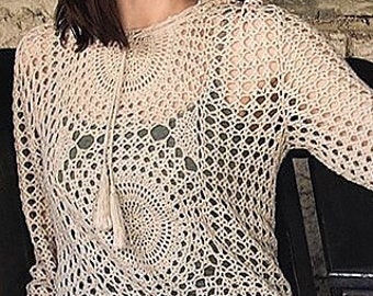 Crochet top PATTERN written in English +chart, sizes M-3XL casual crochet hoodie Pattern, hooded sweater crochet pattern with set-in sleeves