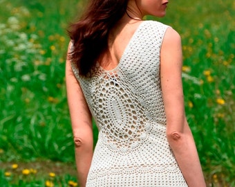 Crochet dress PATTERN written in English+chart, sizes S-L ONLY, instant download V-neck dress crochet pattern, wedding dress crochet pattern