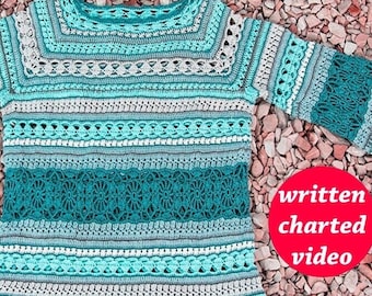 Crochet PATTERN seamless crochet sweater pattern written in English+chart+video sizes Xs-4XL colorful crochet top pattern for yarn leftovers