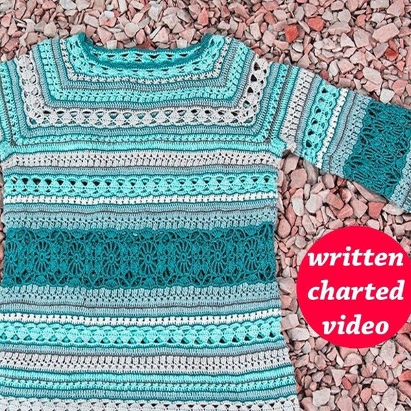 Crochet PATTERN seamless crochet sweater pattern written in English+chart+video sizes Xs-4XL colorful crochet top pattern for yarn leftovers