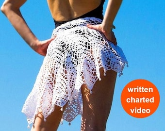 Crochet Beach Skirt Pattern written in English +Chart+ Video, Sarong Cover-Up, Pareo, Beach Wrap Crochet Skirt Pattern