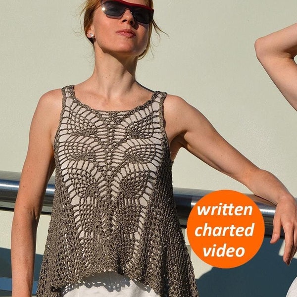 Crochet Top Pattern written in English +chart+video, 6-Row repeat pineapple crochet stitch pattern top Augustina (Sizes S-XL)