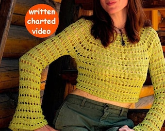 Seamless crochet sweater PATTERN written in English+chart+video, sizes S-3XL, Modern crochet top and  sweater with STRAIGHT or BELL Sleeves
