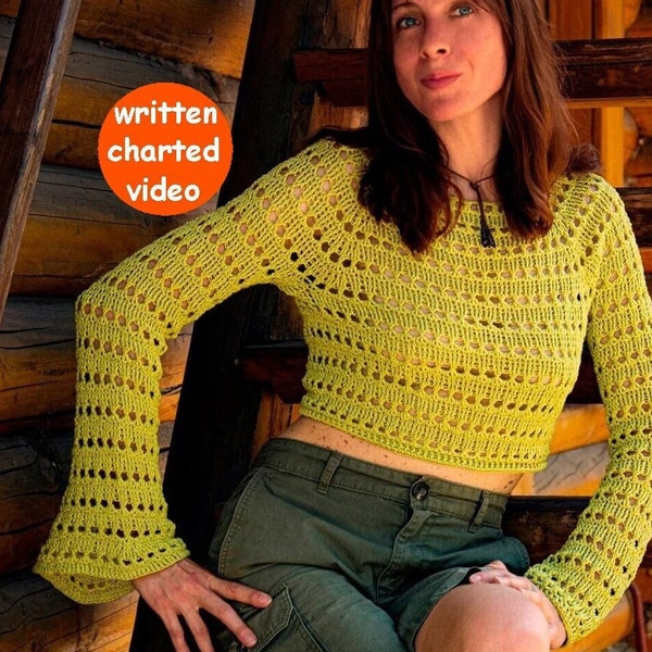 Seamless crochet sweater PATTERN written in English+chart+video, sizes S-3XL, Modern crochet top and  sweater with STRAIGHT or BELL Sleeves