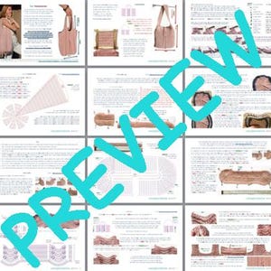 May include: A preview of a crochet pattern book with multiple pages. The pages show instructions and images of crochet bags, shawls, and other items. The text is in black and the images are in colour.