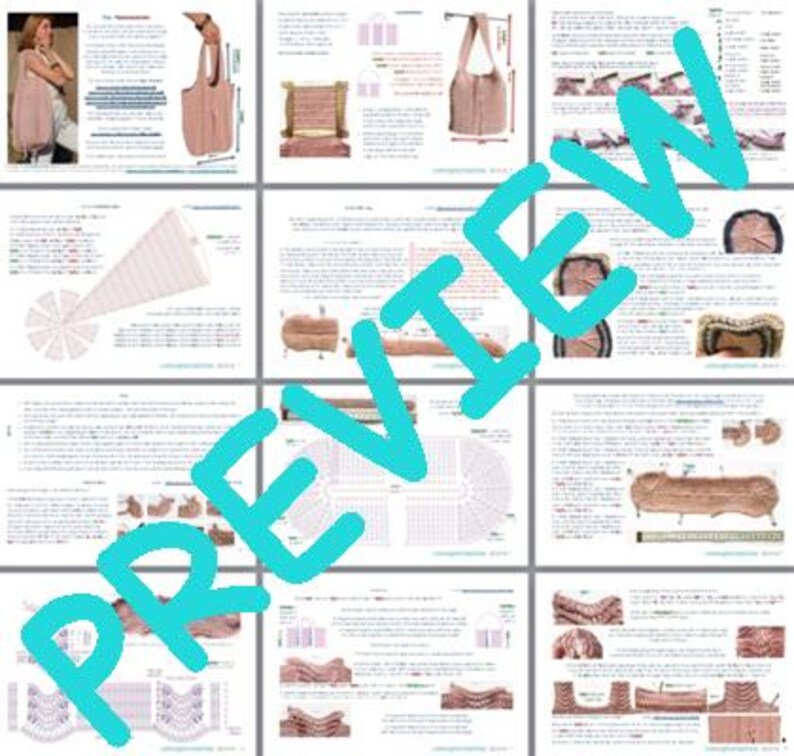 May include: A preview of a crochet pattern book with multiple pages. The pages show instructions and images of crochet bags, shawls, and other items. The text is in black and the images are in colour.