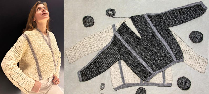 May include: Cream-colored, open-front cardigan with gray trim, displayed on a person and flat lay. The cardigan features a textured knit design. Additional cardigans in gray and cream are shown with yarn balls.