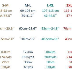 May include: A size chart with measurements in both centimeters and inches. The chart includes bust sizes, finished garment dimensions (width across back), and sleeve widths. It also lists yarn requirements in meters and yards for the body of a garment.