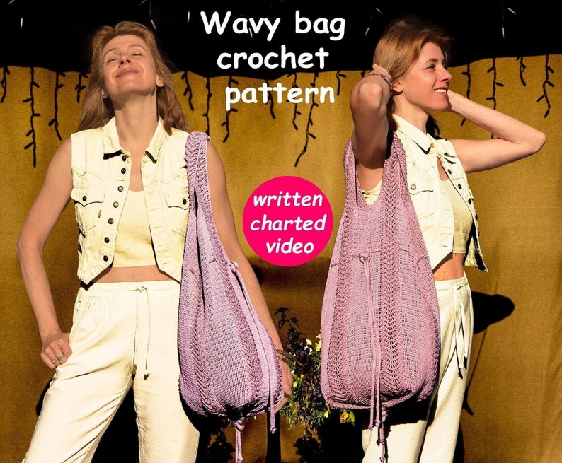 Modern crochet BAG pattern written in English + chart + video, Bag with oval or round bottom for cotton thread size 30 held TRIPLE stranded; crochet bag is modeled in pink