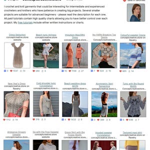 May include: A webpage showcasing crochet and knit garment patterns from conceptcreative.store on Ravelry. The page features various designs, including dresses, sweaters, and skirts, with images and descriptions. The text includes information about the designer and tutorials.