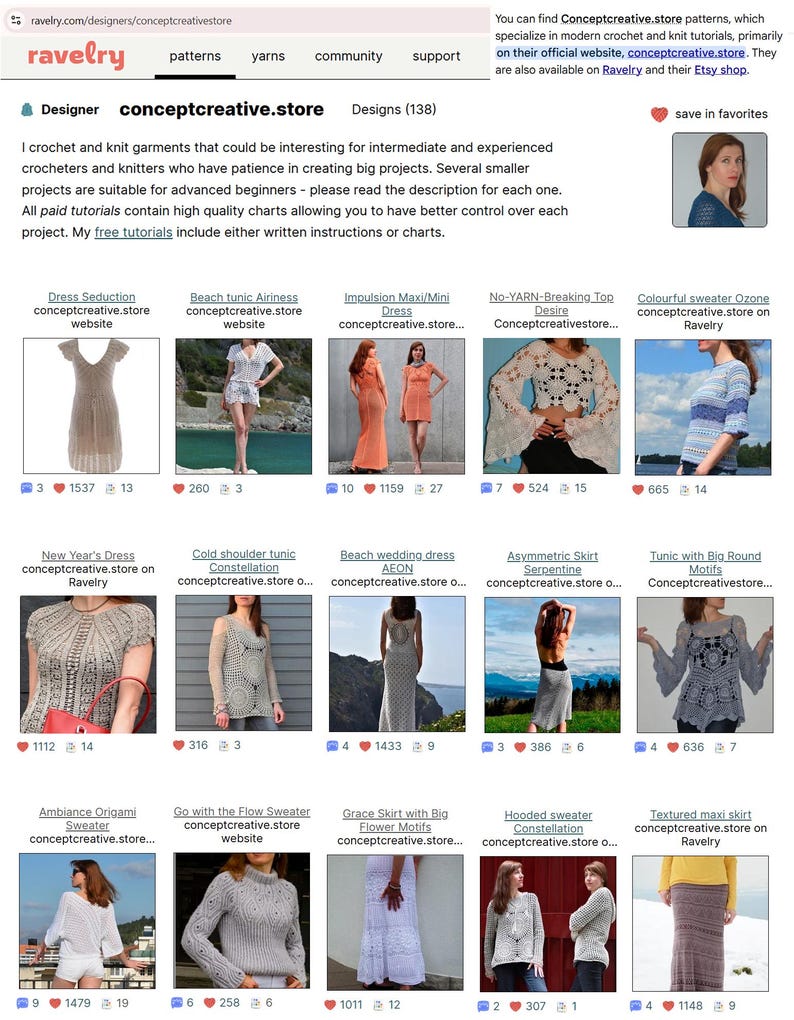 May include: A webpage showcasing crochet and knit garment patterns from conceptcreative.store on Ravelry. The page features various designs, including dresses, sweaters, and skirts, with images and descriptions. The text includes information about the designer and tutorials.