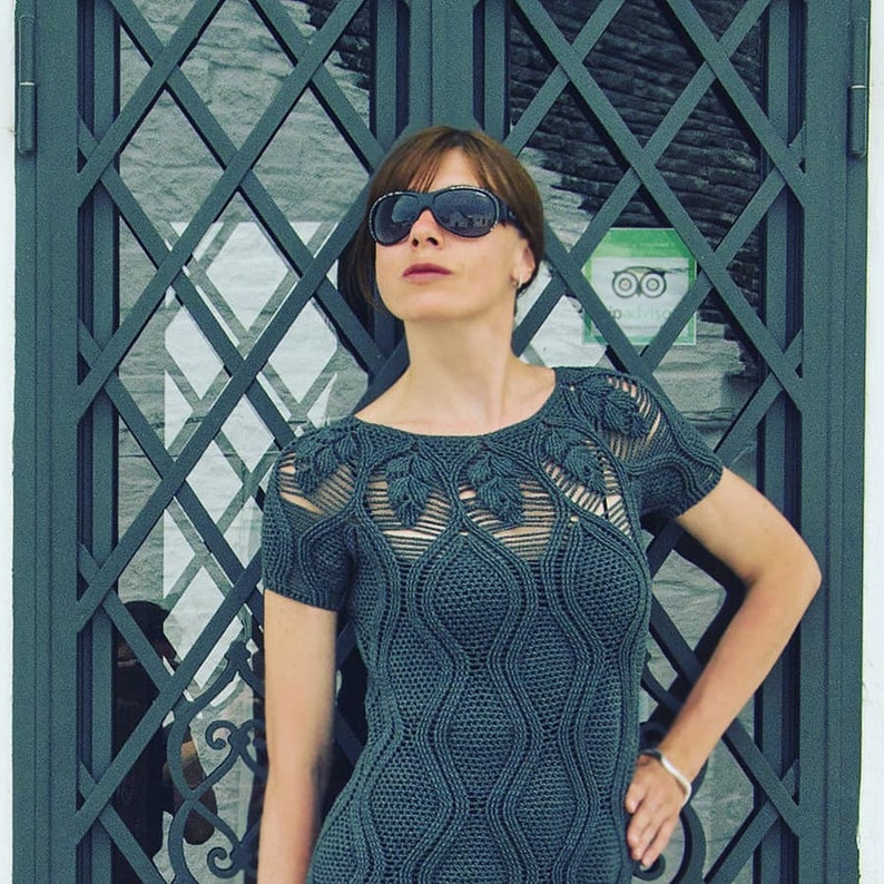 Modern crochet dress PATTERN written in English charts, sizes M-2XL ONLY, download Pdf FUTURISTIC dress crochet pattern seamless top down image 1