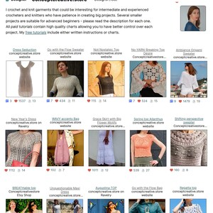 May include: A Ravelry webpage displaying crochet and knit garment patterns from conceptcreative.store. The page presents images of dresses, sweaters, and tops, each with titles and website links. A designer profile and descriptive text about the patterns are also included.