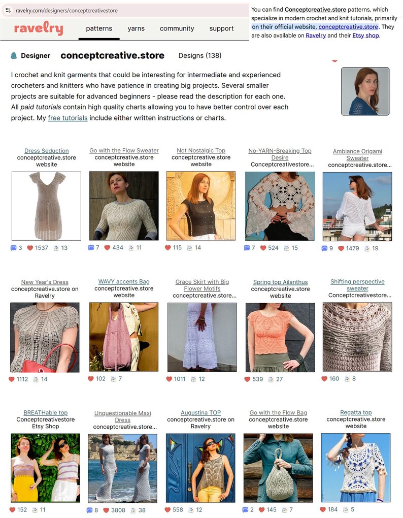 May include: A Ravelry webpage displaying crochet and knit garment patterns from conceptcreative.store. The page presents images of dresses, sweaters, and tops, each with titles and website links. A designer profile and descriptive text about the patterns are also included.