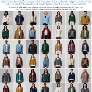 May include: A grid of 42 images showcasing crochet cardigans and sweaters in various colors and styles. The text at the top states the images were generated by AI using human testers' work as a reference. The text also mentions diverse people and styles.
