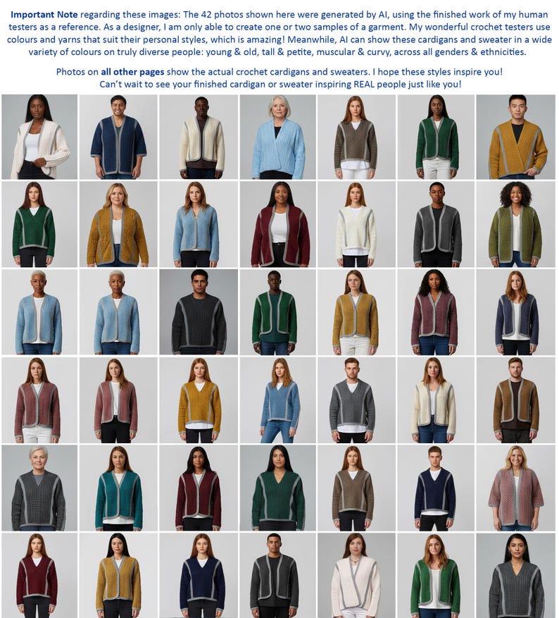 May include: A grid of 42 images showcasing crochet cardigans and sweaters in various colors and styles. The text at the top states the images were generated by AI using human testers' work as a reference. The text also mentions diverse people and styles.