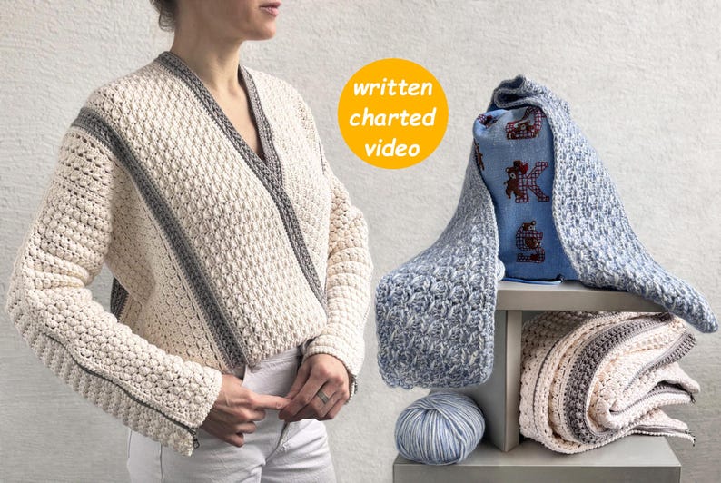 May include: Cream-colored crochet cardigan with gray trim, paired with a matching gray and cream crochet blanket. A blue crochet blanket and a ball of yarn are also visible. The image includes the text "written charted video".