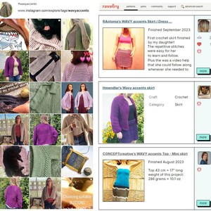 May include: A collection of crochet projects, featuring skirts, tops, and jackets in a range of colours like purple, green, and beige. The image includes text such as "#wavyaccents" and "ravelry", along with project details and measurements in cm and grams.