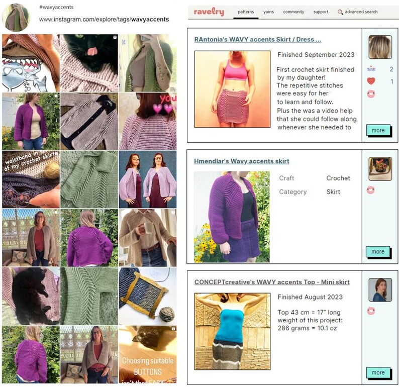 May include: A collection of crochet projects, featuring skirts, tops, and jackets in a range of colours like purple, green, and beige. The image includes text such as "#wavyaccents" and "ravelry", along with project details and measurements in cm and grams.