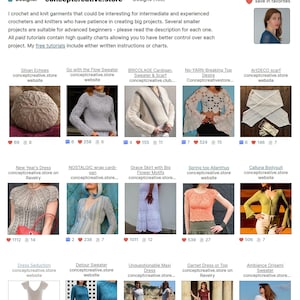 May include: Screenshot of the Ravelry website featuring crochet and knit patterns from conceptcreative.store. The page displays various garment designs, including sweaters, dresses, and scarves, with images and website links. The text includes information about the designer and tutorials.