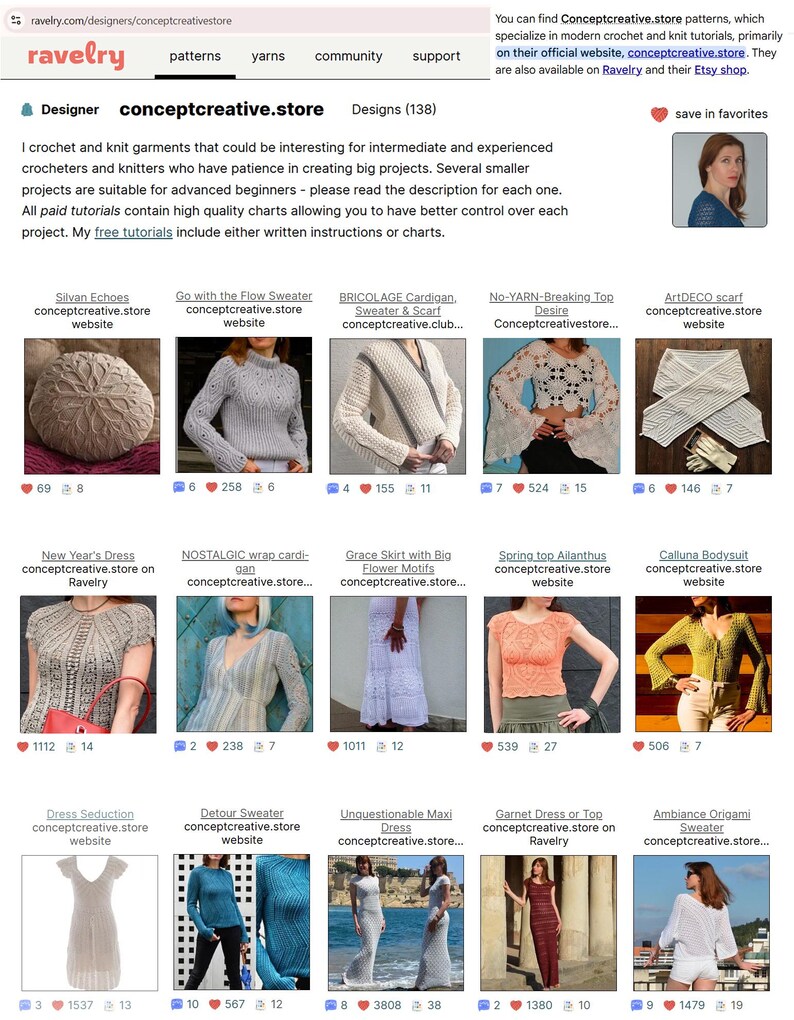 May include: Screenshot of the Ravelry website featuring crochet and knit patterns from conceptcreative.store. The page displays various garment designs, including sweaters, dresses, and scarves, with images and website links. The text includes information about the designer and tutorials.