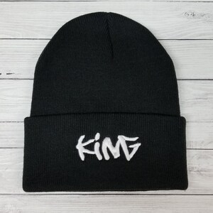 King, adult black beanie, white embroidery, gift for him