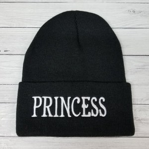 Princess, adult black beanie, embroidered, gift for her