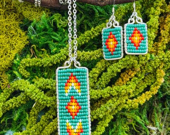 Southwestern Seed Bead Necklace Earrings Set, Silver Wire Wrapped Pendant, Boho Jewelry