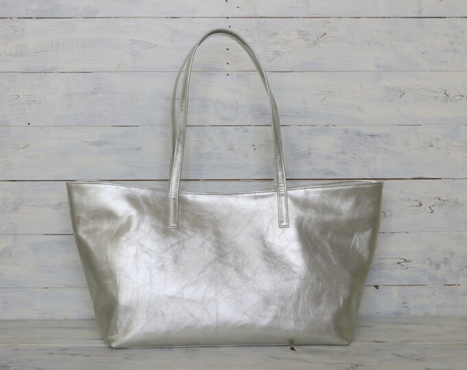 Metallic Silver Tote Metallic Totes Silver Leather Tote Etsy