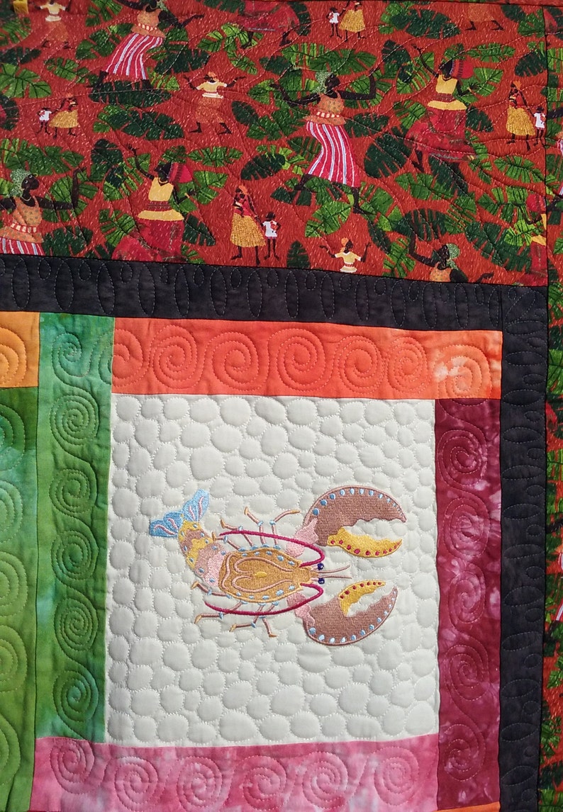 Embroidered Aquatic Creatures plus Novelty Fabric Squares Quilt