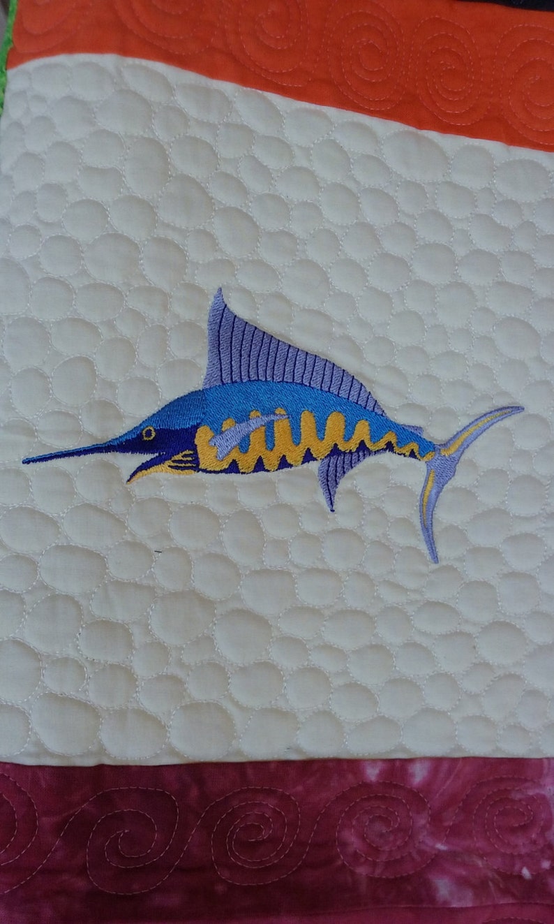 Embroidered Aquatic Creatures plus Novelty Fabric Squares Quilt