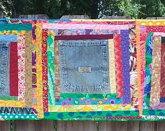 Quilted Denim Pocket Wall Organizer; Quilted Re-purposed Denim pockets; Quilted Horizontal Wall Hanging Organizer