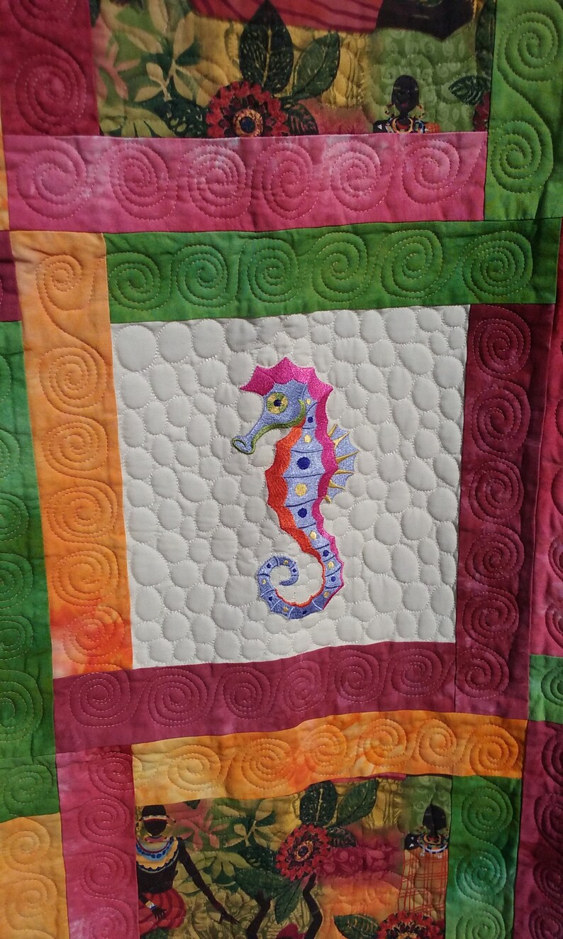 Embroidered Aquatic Creatures plus Novelty Fabric Squares Quilt