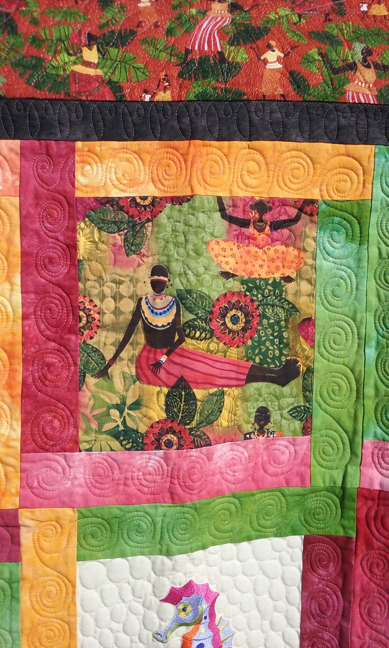 Embroidered Aquatic Creatures plus Novelty Fabric Squares Quilt
