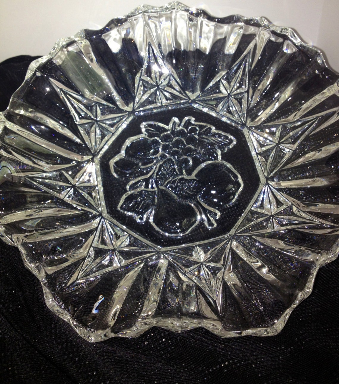 Vintage pressed glass bowl embossed fruit design fluted Etsy