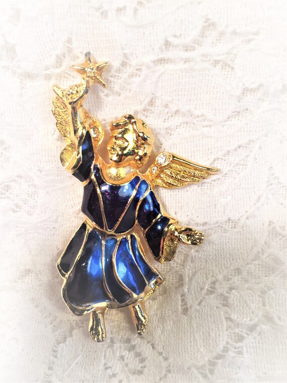 Gold Tone Angel Brooch, Angel with Star and Rhines