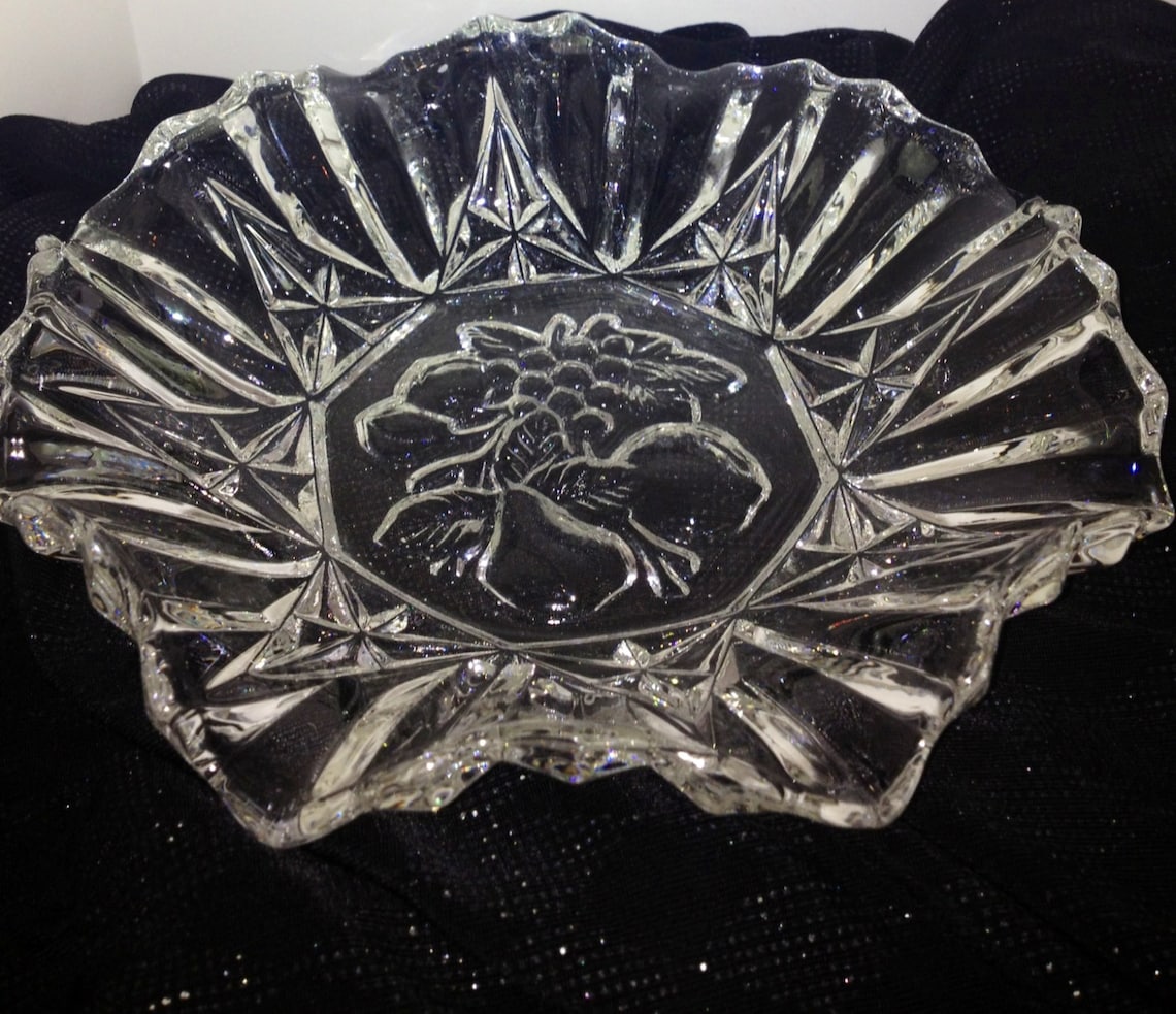 Vintage pressed glass bowl embossed fruit design fluted Etsy